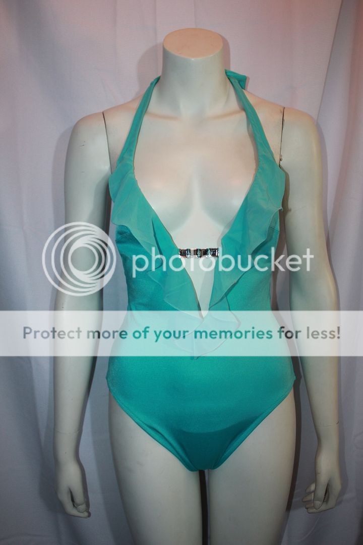 LA PERLA Teal SWIMSUIT + Wrap w Swarovski Crystals Sz M  